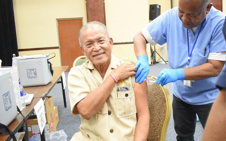 Marshall Islands President David Kabua receiving his Covid shot in Majuro in this file photo from 2021. With the first border cases of Covid in over a year, demand for Covid booster shots skyrocketed in the Marshall Islands this month