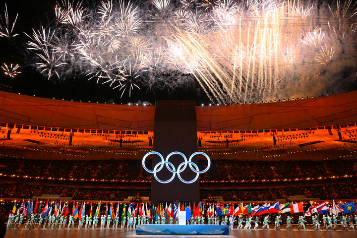 Fireworks explode over the Olympic rings during the opening ceremony of the Beijing 2022 Winter Olympic Games, at the National Stadium, known as the Bird's Nest, in Beijing, on February 4, 2022. 