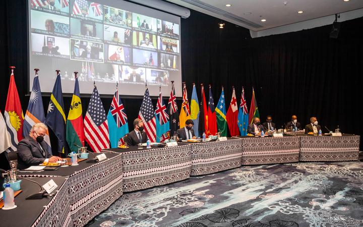 US Secretary of State Antony Blinken (centre L) attends a meeting with Fijian acting Prime Minister Aiyaz Sayed-Khaiyum (centre R) in Nadi, Fiji, on February 12, 2022. 