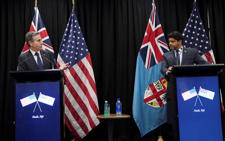 US Secretary of State Antony Blinken (L) takes part in a joint press availability with Acting Prime Minister of Fiji Aiyaz Sayed-Khaiyum in Nadi, Fiji, February 12, 2022. 