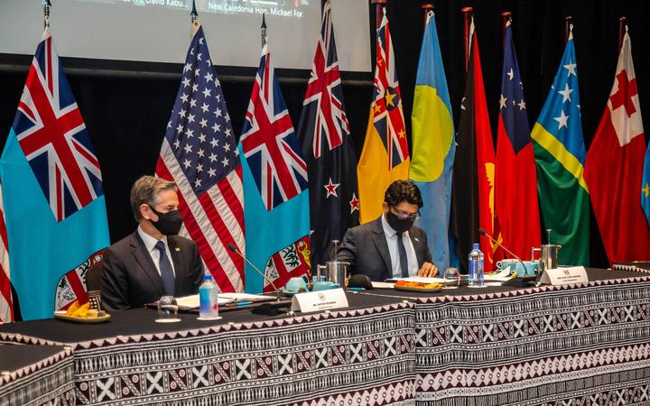 US Secretary of State Antony Blinken (L) attends a meeting with Fijian acting Prime Minister Aiyaz Sayed-Khaiyum (R) in Nadi, Fiji, on February 12, 2022. 