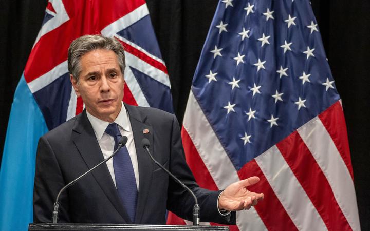 US Secretary of State Antony Blinken speaks at a press conference with Fijian acting Prime Minister Aiyaz Sayed-Khaiyum during his visit to Nadi, Fiji on February 12, 2022. 