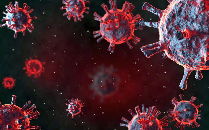 冠状病毒病COVID-19爆发传染性病毒红病毒细胞3D渲染的微观视图