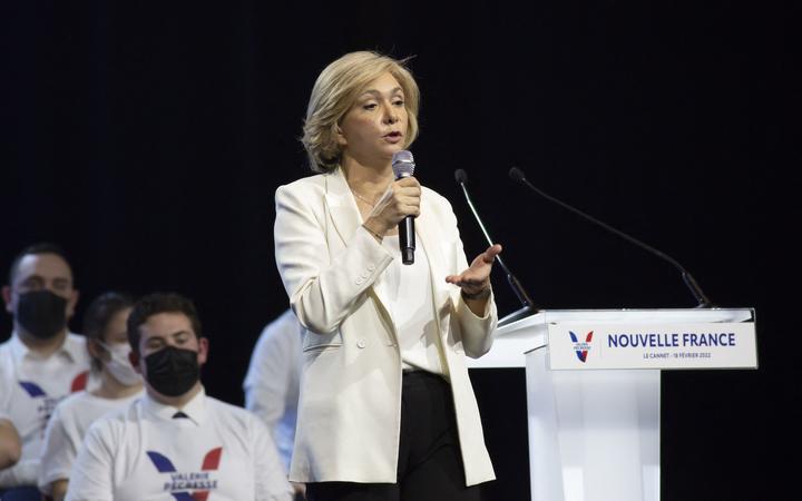 France, Le Cannet, 2022-02-18.  Valérie Pecresse, candidate du parti Les Républicains (LR) à l'élection présidentielle de 2022 lors de sa réunion publique pour présenter son programme. 
