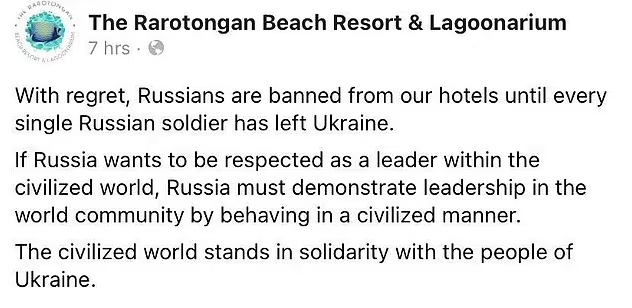 A poster banning Russians from from the Cook Islands Beach Resort