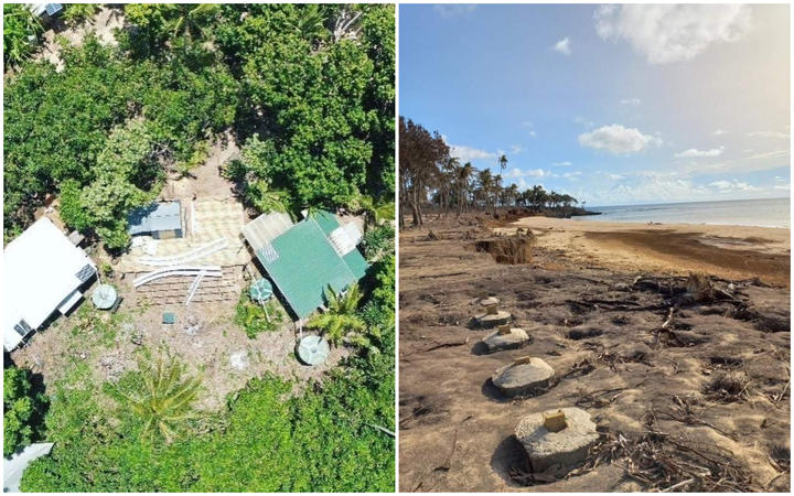 An aerial shot of the Sheens' home in Nomuka and concrete piles which were all that was left of it after the Hunga-Tonga-Hunga-Ha'apai volcanic eruption.