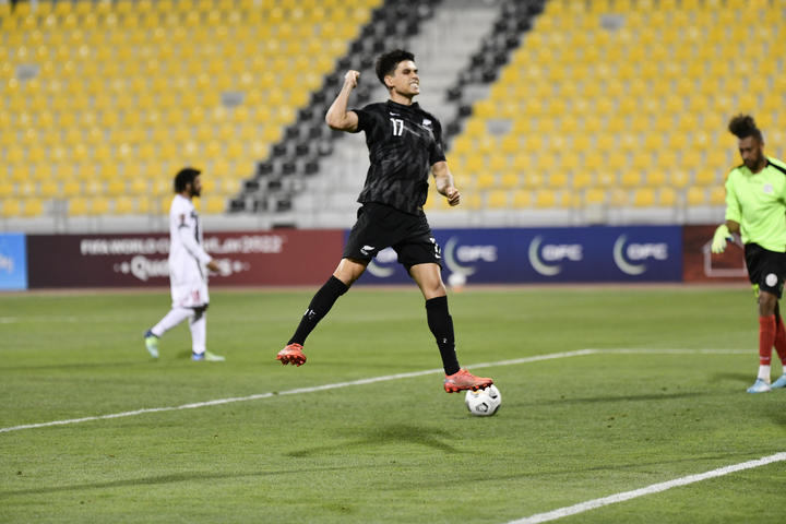 Logan Rogerson celebrates scoring New Zealand's 2nd goal.