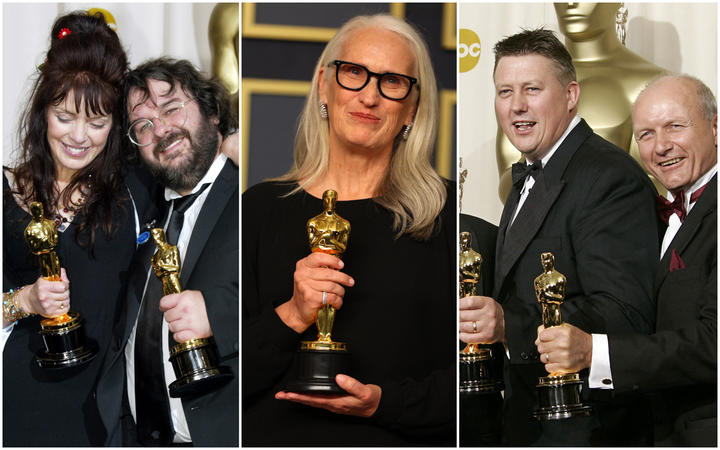 From left: Dame Fran Walsh and Sir Peter Jackson at the 76th Academy Awards ceremony 29 February 2004; Dame Jane Campion at the 94th Annual Academy Awards on March 27 2022; and Michael Hedges and Hammond Peek at the 78th Academy Awards on 5 March 2006.