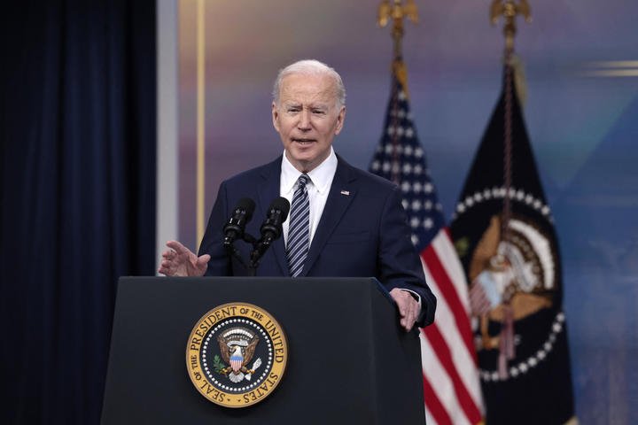 US President Joe Biden delivers remarks on gas prices in the United States, at the White House, 31 March 2022.