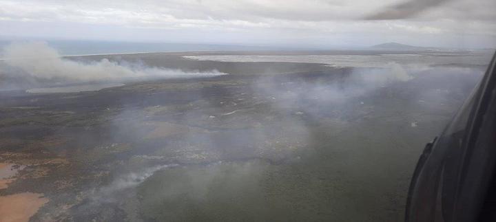 An aerial image of the fire at Awarua, south of Invercargill, which was taken during a  reconnaissance flight on the afternoon of 3 April, 2022.