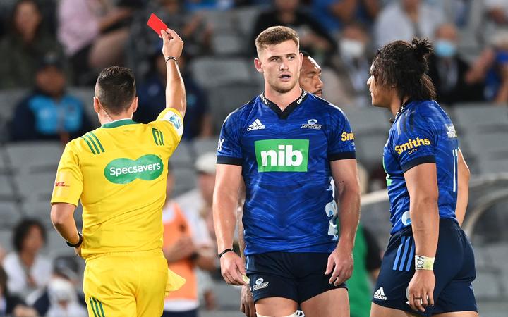 Blues wing Caleb Clarke is red carded in their match against Moana Pasifika at Eden Park.