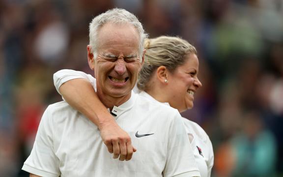 Wimbledon Tennis Players Day 2019, John McEnroe (USA) reacts as Kim Clijsters (BEL) consoles him after losing a game