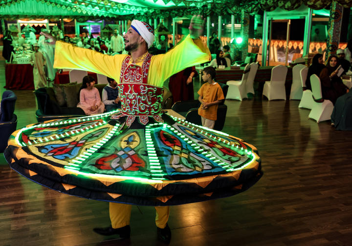 An Egyptian dancer performs the traditional Tannoora (skirt) dance at a restaurant in the Omani capital Muscat, during the Muslim holy month of Ramadan. 
