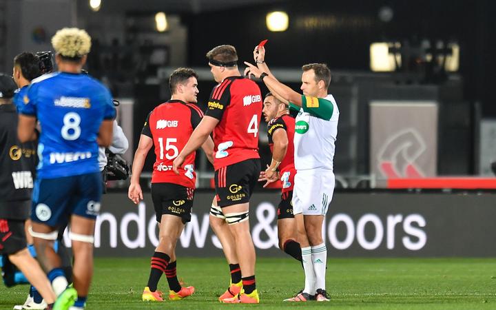 Scott Barrett of the Crusaders is red carded during the Super Rugby Pacific match against the Blues, 2022.