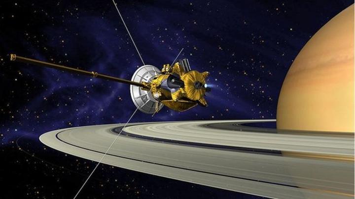 Artwork showing the Cassini mission to Saturn