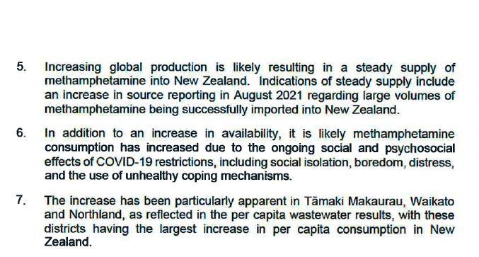 An extract from a police update on"increased methamphetamine consumption", sent to the Minister of Police on 2 December 2021. 