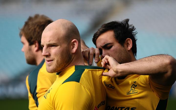 16.07.2011 Rugby Union Australian Wallabies at their training session prior to the Samoa Test - Stephen Moore gets his GPS fitted.