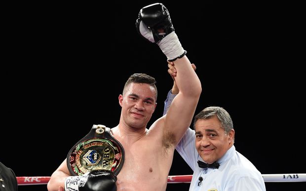 Joseph Parker celebrates his knockout win over Irineu Beato Costa Junior in Hamilton