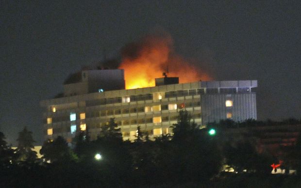 The Intercontinental hotel after an attack on the hotel by Taliban fighters, and a response by Afghan security forces backed by NATO helicopters in Kabul on June 29, 2011. 