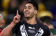 Kiwis playmaker Shaun Johnson celebrates after a try in the Four Nations.