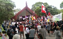 A Hikoi rallies outside the carved meeting house on Waitangi Treaty grounds.