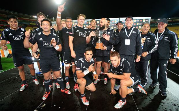 The victorious All Blacks Sevens celebrate their Wellington win