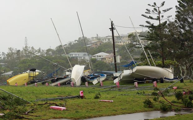 Washed away boats sit on the ground after Tropical Cyclone Marcia hit the coastal town of Yeppoon in north Queensland.