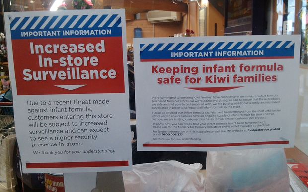 Signs at Thorndon New World on 1080 infant formula threat, Wednesday 11 March.