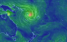 Cyclone Pam shown in Earthnull's visualisation of global weather conditions based on supercomputer forecasts.