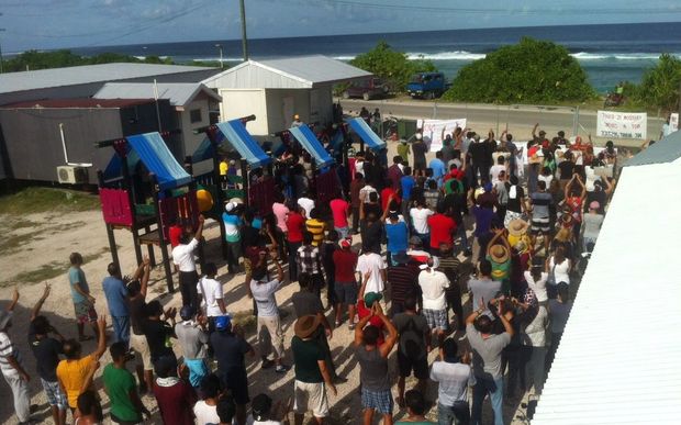 Protesting refugees at the asylum seeker processing centre on Nauru.