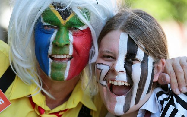 A South African and New Zealand fan ahead of the semi-final match at Eden Park.