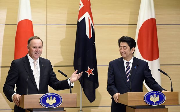 John Key and Japanese Prime Minister Shinzo Abe after meeting in Tokyo.
