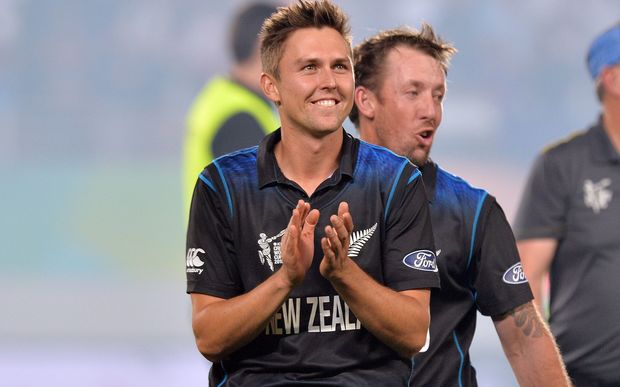 Trent Boult (left) and Luke Ronchi after the win.