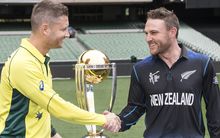 Michael Clarke and Brendon McCullum pose with the silverware.