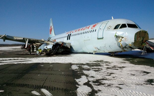 Damage to a Air Canada Airbus A-320 that skidded off the runway at Halifax International Airport in Halifax, Nova Scotia.