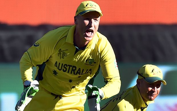 Brad Haddin celebrates a wicket against New Zealand in the World Cup final.
