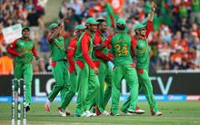 Bangladesh celebrate a wicket during the 2015 ICC Cricket World Cup match - New Zealand v Bangladesh, Seddon Park, Hamilton, New Zealand. 


