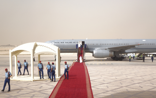 The Air Force 757 that carried the Prime Minister's party on the runway in Riyadh, with red carpet.