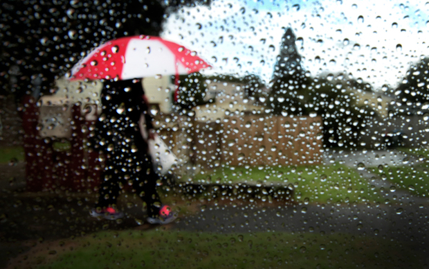 Bad weather in Auckland. Woman walks with an umbrella under the rain