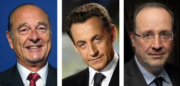 Former French presidents Jacques Chirac and Nicolas Sarkozy and French President Francois Hollande.