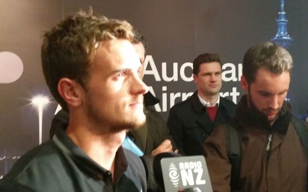 Deklan Wynne speaking to media at Auckland Airport.