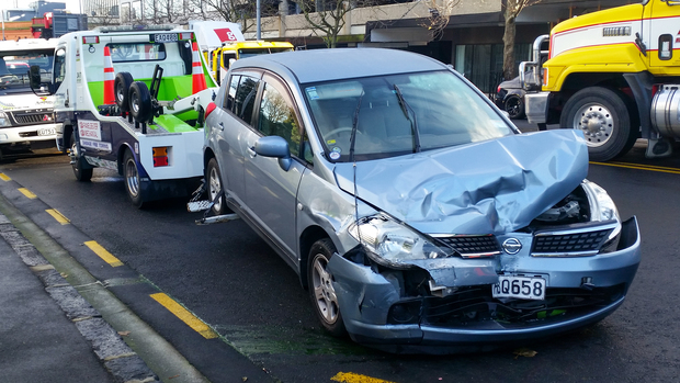 Car crash down K Road, Auckland.