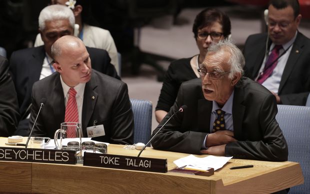 Niue premier Toke Talagi at UN security council meeting in New York 31 July 2015.