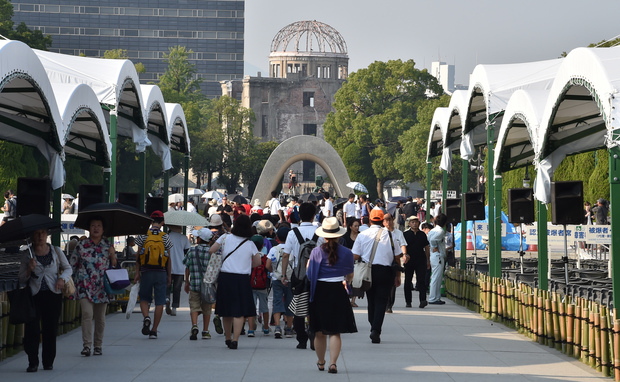 People visit the Peace Memorial Park to pray for victims of the atomic bombing in Hiroshima