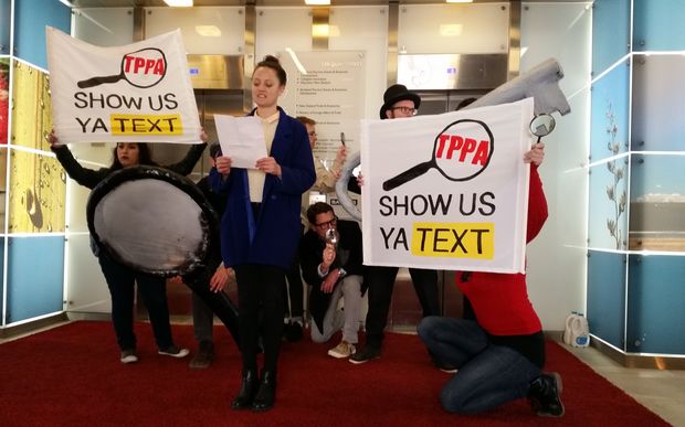 Members of TPP protest group 'Show Us Ya Text' at the Ministry of Foreign Affairs' Auckland office.