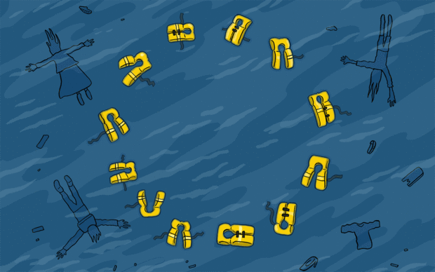 A circle of yellow lifejackets marks the European flag in the ocean, in a reference to the ongoing refugee and migrant crisis in the Mediterranean.