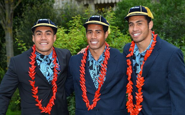 Tusi Pisi, Ken Pisi and George Pisi pose at the welcoming ceremony for the Samoa Rugby World Cup team at the Royal Pavilion in Brighton.