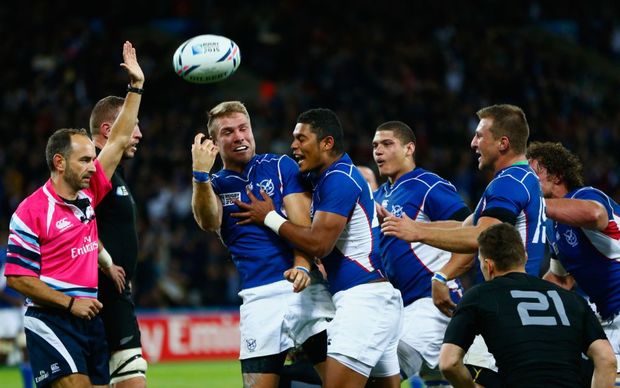 Johan Deysel celebrates his team's opening try during the 2015 Rugby World Cup match between New Zealand and Namibia