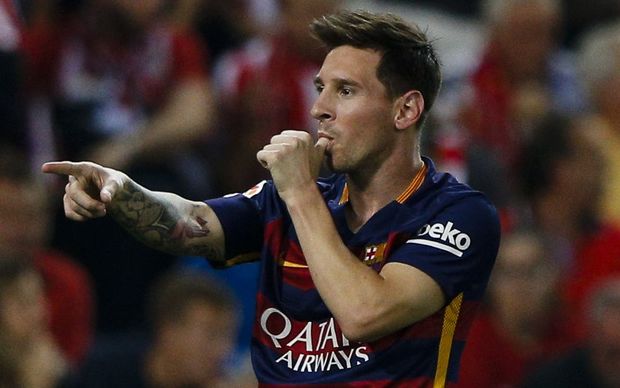 Barcelona's Lionel Messi celebrates after scoring a goal. 2015.
