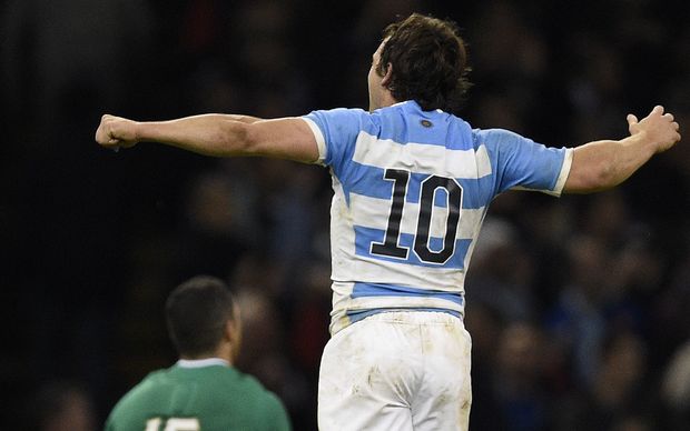 Argentina first-five Nicolas Sanchez reacts after a try during their quarter-final win over Ireland at the 2015 Rugby World Cup at the Millennium Stadium in Cardiff, south Wales, on October 18, 2015. AFP PHOTO / FRANCK FIFE
